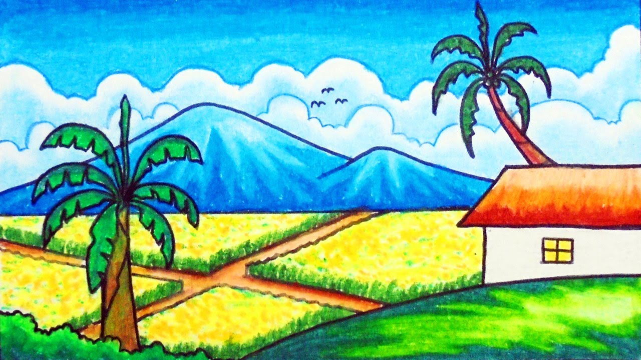 Easy Rice Fields Scenery Drawing | How to Draw Scenery of Paddy Fields with Oil Pastels