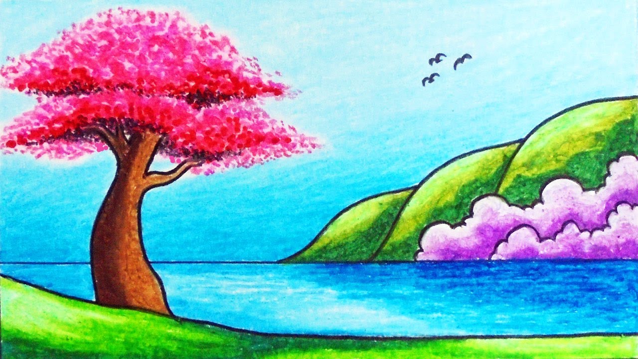Easy Spring Season Scenery Drawing | How to Draw Simple Scenery of Cherry Blossoms in Spring