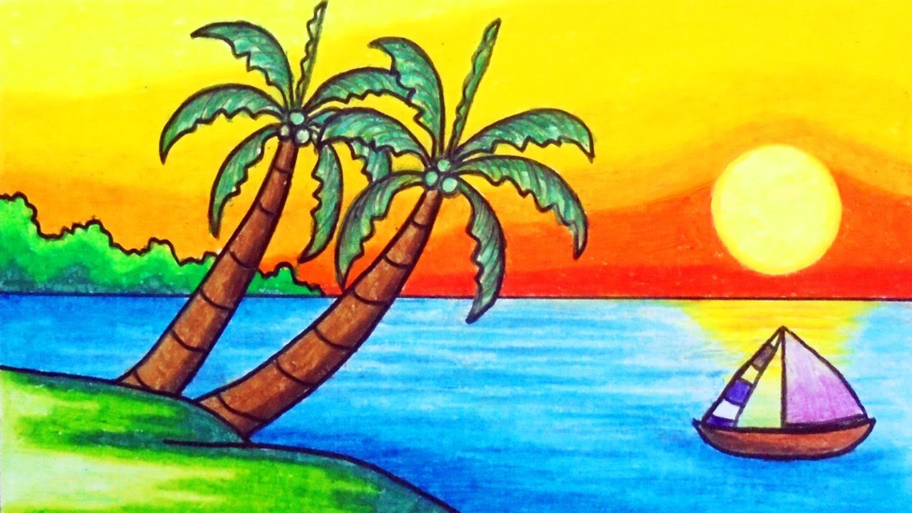 Easy Sunset Scenery Drawing | How to Draw Beautiful Scenery of Sunset with Oil Pastels