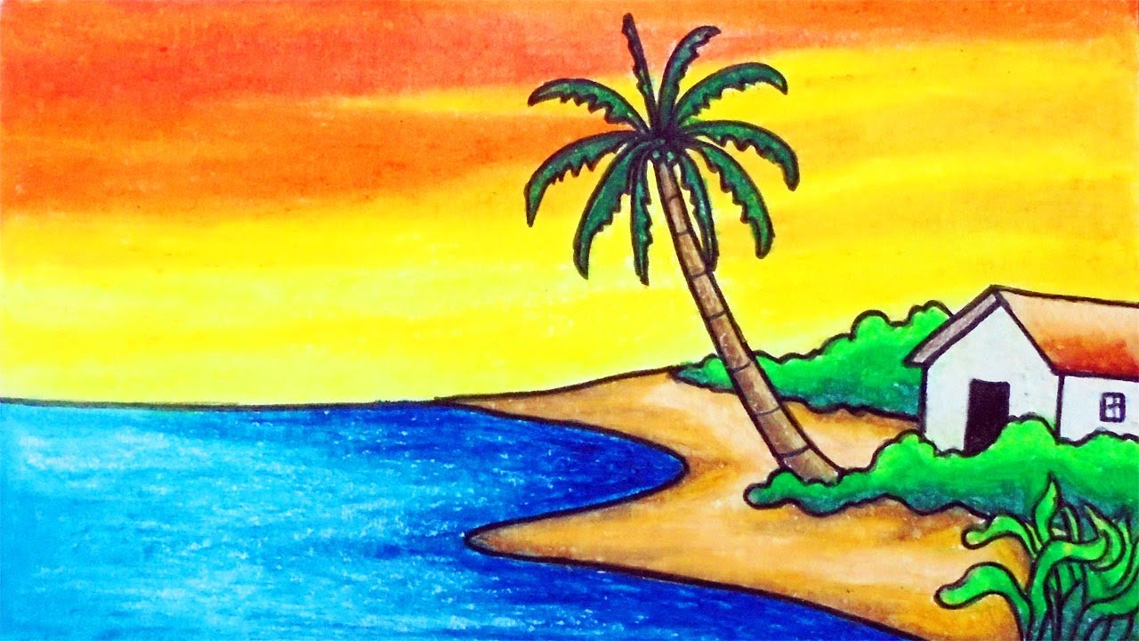 Easy Sunset Scenery Drawing | How to Draw Simple Scenery of Sunset in the Beach with Oil Pastels