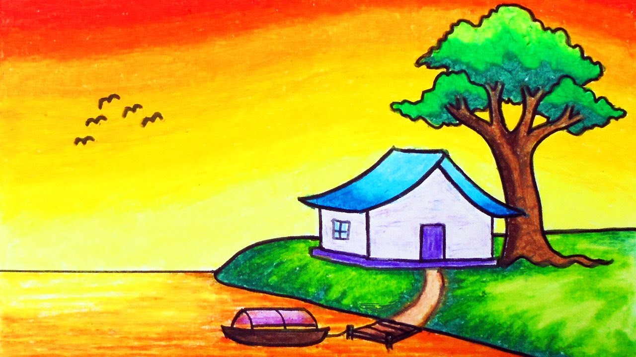 Easy Sunset Scenery Drawing for Beginners | How to Draw Simple Scenery of Lakeside House