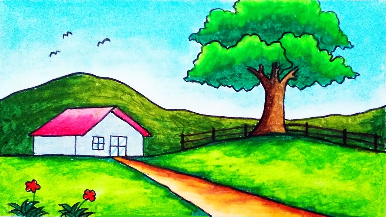 Easy Village Scenery Drawing for Beginners | How to Draw Easy Scenery of a House on the Hills