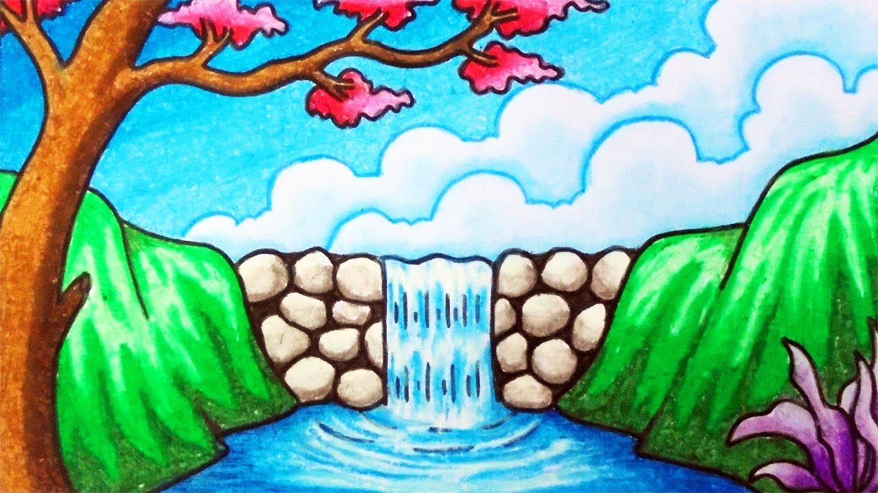Easy Waterfall Scenery Drawing | How to Draw Beautiful Waterfall Scenery with Oil Pastels