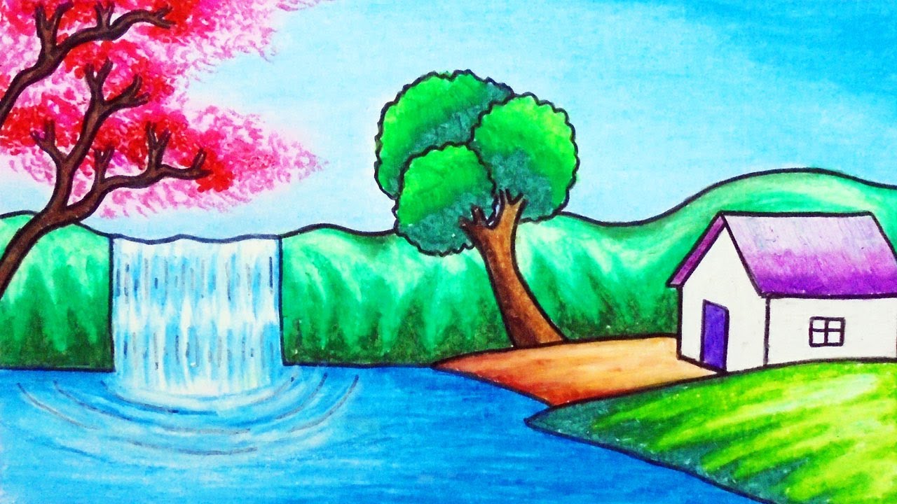 Easy Waterfall Scenery Drawing | How to Draw Scenery of Village with Waterfall and River