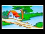 Easy drawing Village Scenery | How to draw scenery of River side Village | Gramar drisho Drawing