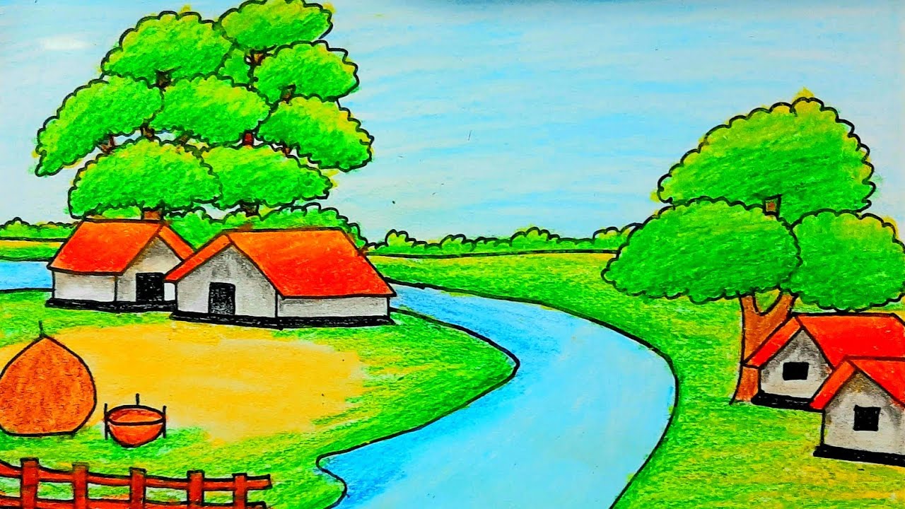 Gramer drisho drawing | village scenery drawing | riverside scenery drawing