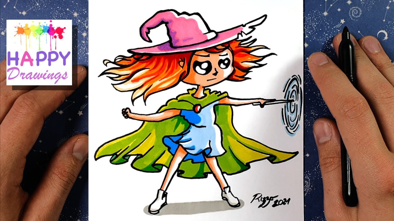 HOW TO DRAW A CUTE WITCH PUTTING A SPELL EASY