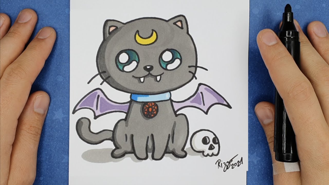 HOW TO DRAW CUTE HALLOWEEN BAT CAT EASY - HAPPY DRAWINGS