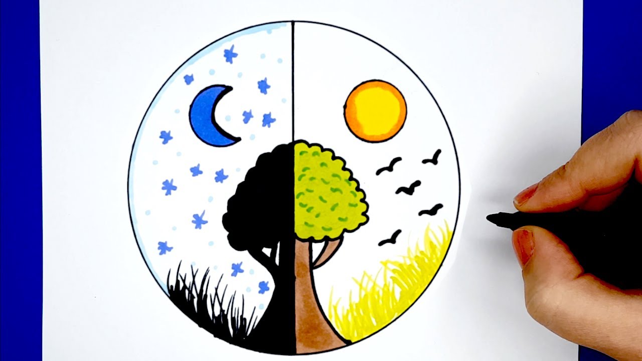 HOW TO DRAW EASY LANDSCAPE YIN YANG IN A CIRCLE