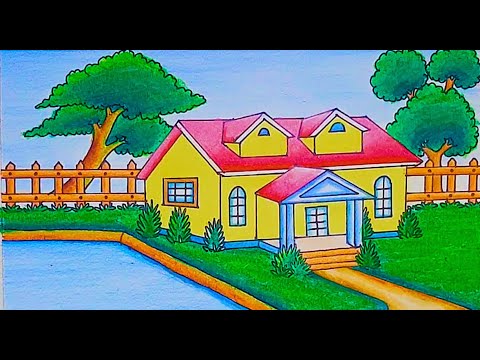 House Drawing / How To Draw Beautiful House With colour | House Drawing Easy With Oil pastel