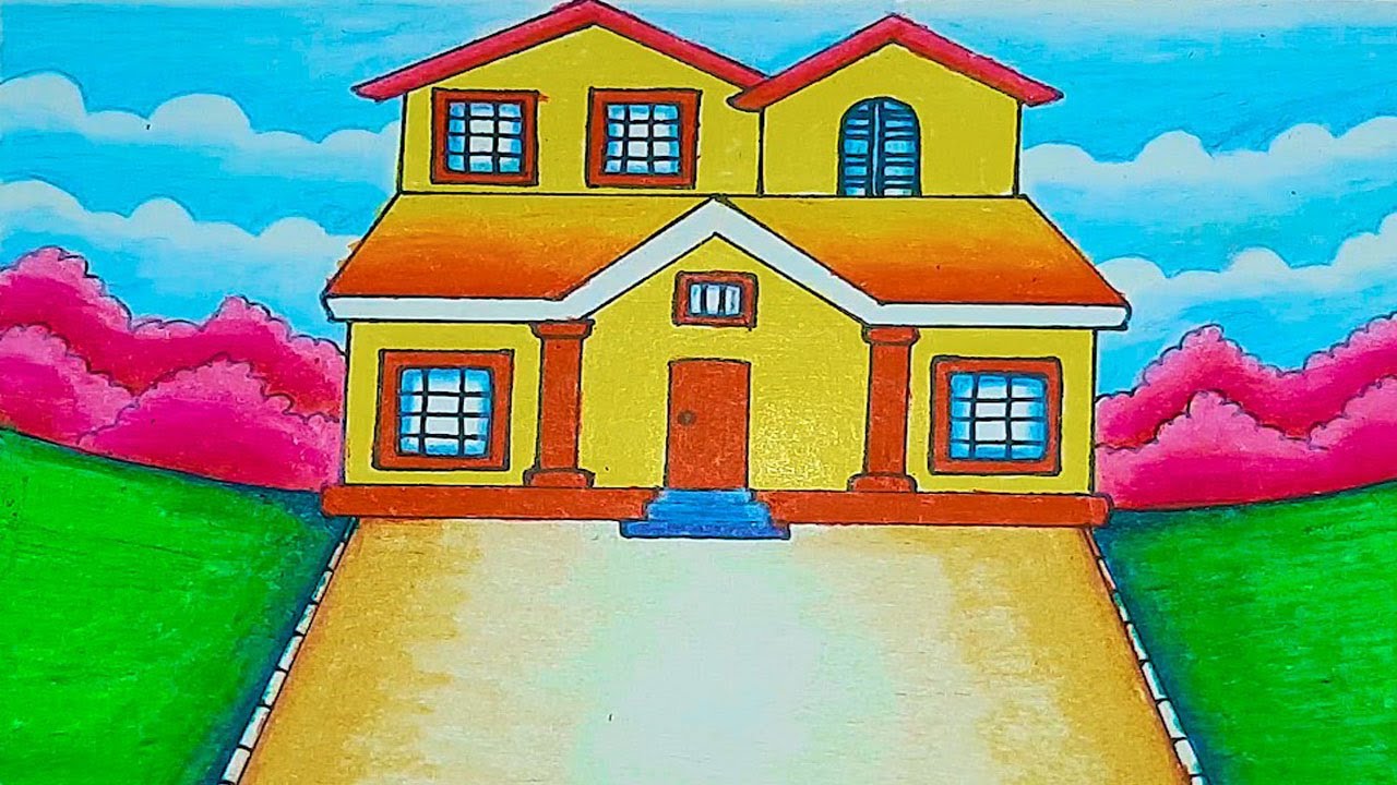 House drawing easy with oil pastel | How to draw a house | Village house drawing