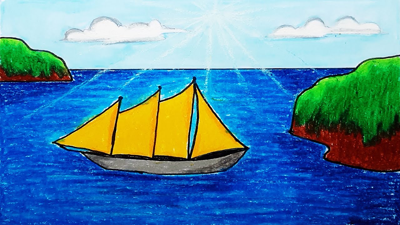 How To Draw Beautiful Sailboat In The Middle Of The Sea | How To Draw Easy Scenery