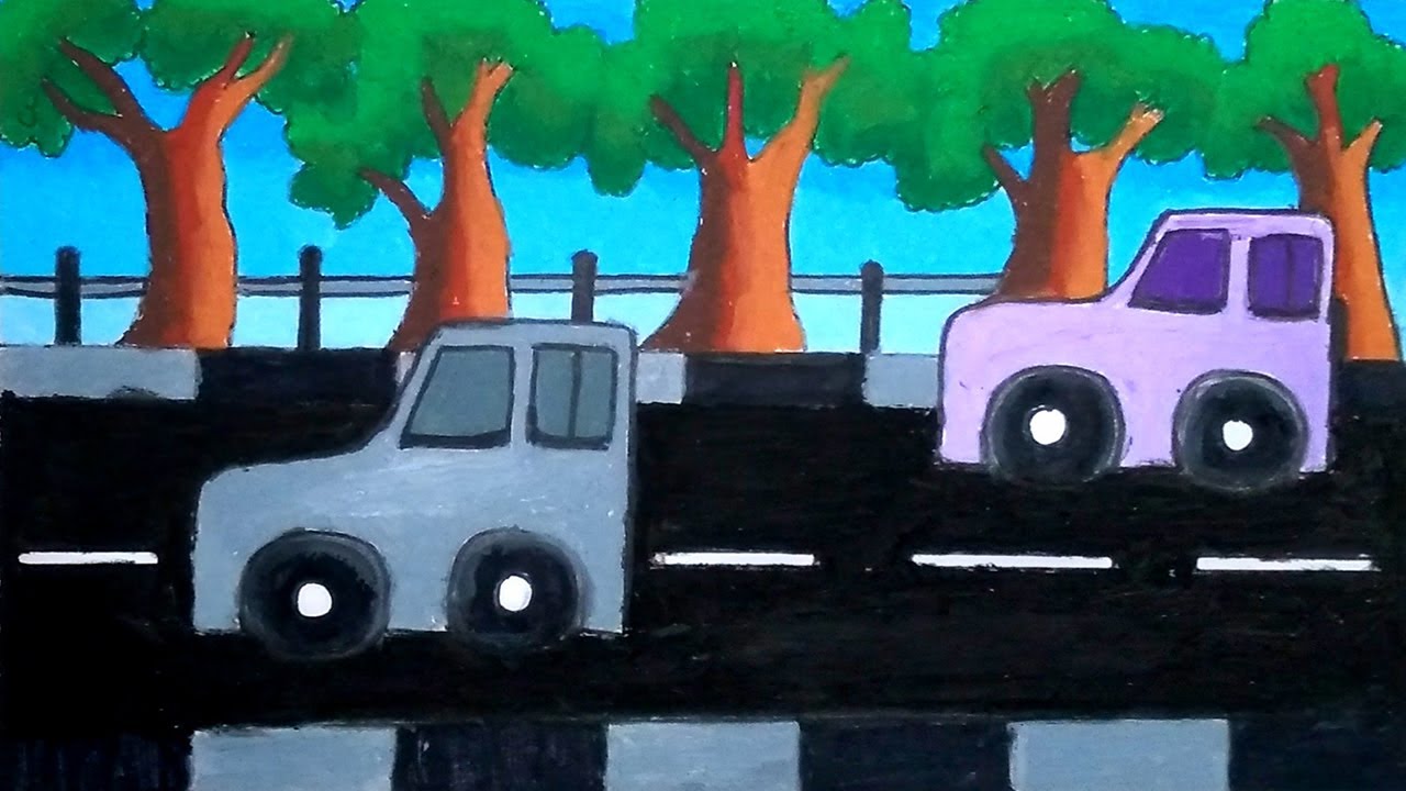 How To Draw Easy Scenery | Drawing Car Scenery On The Higway _ Oil Pastel Drawing