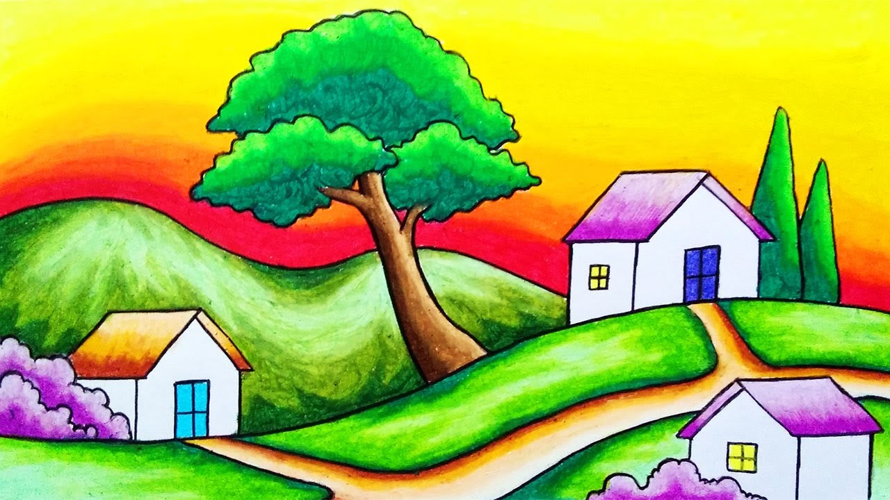 How To Draw Easy Scenery | Drawing Village Scenery In The Hill With Sunset Scenery In The Sky