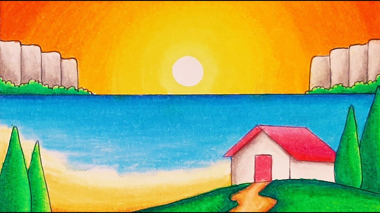 How To Draw Easy Scenery || Drawing Waterfall Sunset Scenery with Landscape | Simple scenery drawing
