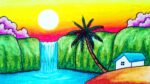 How To Draw Easy Scenery | Drawing Waterfall and Hills Scenery With Oil Pastel