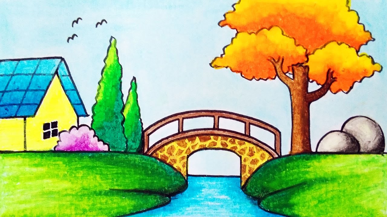 How To Draw Scenery | Drawing River and Bridge Scenery _ Oil Pastels Drawing