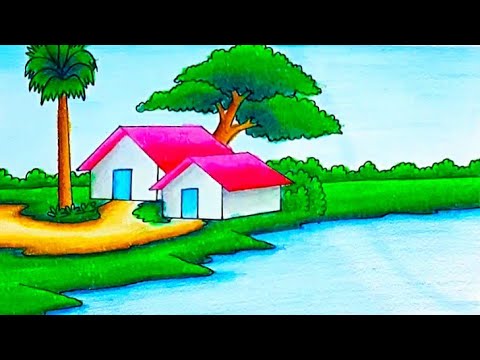 How To draw a village Scenery || Drawing Of Nature || Landscape Drawing Easy Beautiful step by step