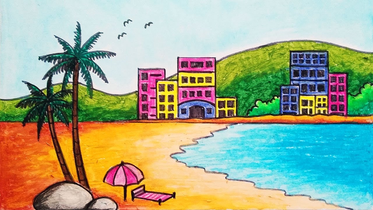 How to Draw Beautiful City in the Beach | Easy Scenery Drawing