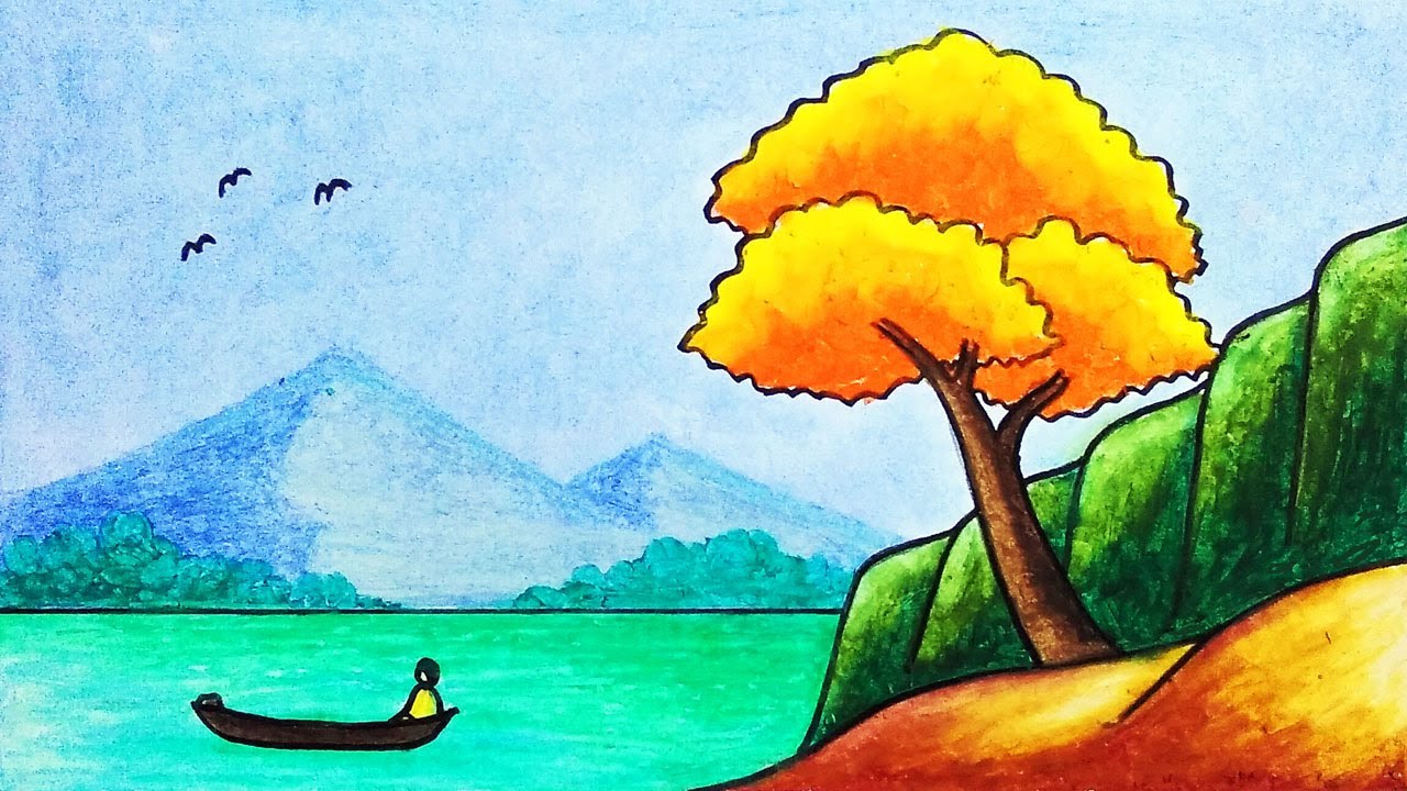 How to Draw Beautiful Lake Scenery Drawing with Oil Pastels