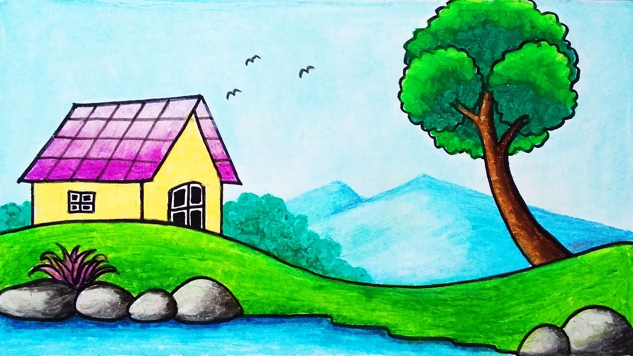 How to Draw Beautiful Riverside House Scenery Drawing