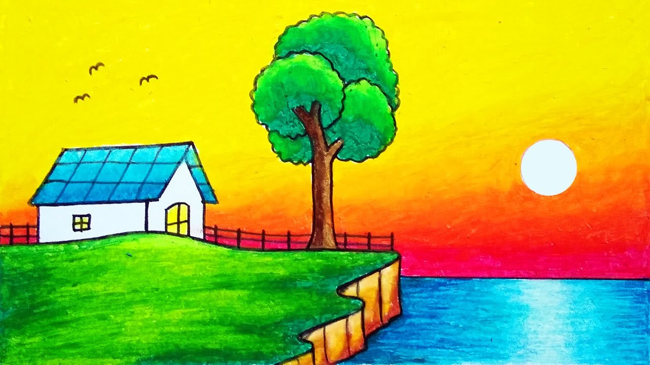 How to Draw Beautiful Seaside House with Sunset | Easy Scenery Drawing