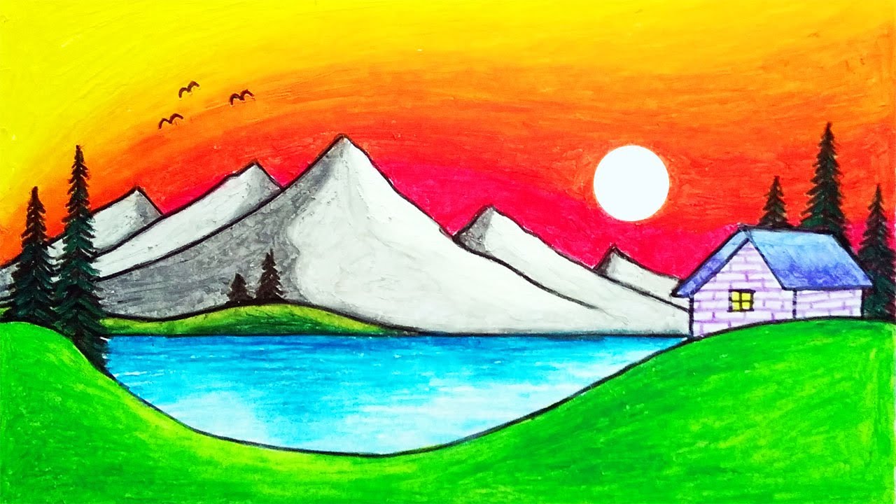 How to Draw Beautiful Sunset Over the Lake Scenery Drawing