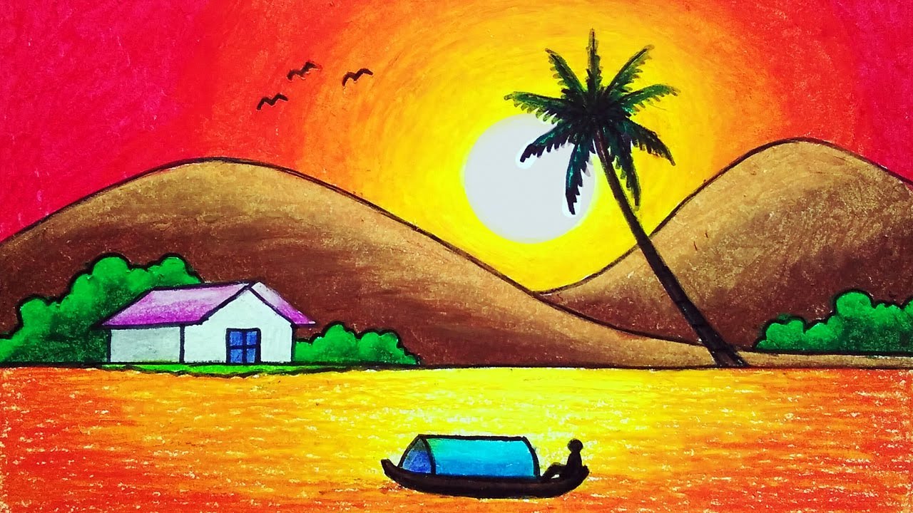 How to Draw Beautiful Sunset in the Island Scenery | Oil Pastels Scenery Drawing