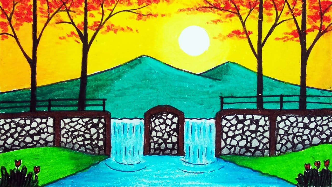 How to Draw Beautiful Waterfall with Sunset Scenery | Easy Oil Pastels Scenery Drawing