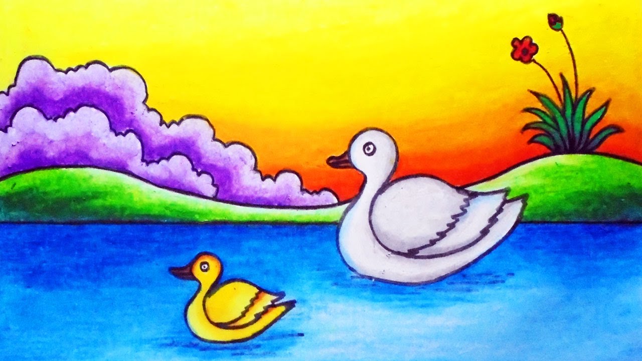 How to Draw Duck Scenery Step by Step | Easy Scenery Drawing of Two Ducks in the River