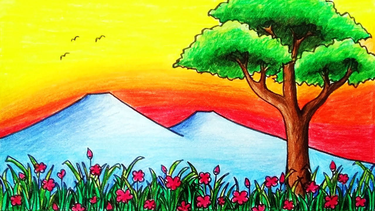 How to Draw Easy Mountain and Sunset Scenery with Color Pencils | Flower Garden Scenery Drawing