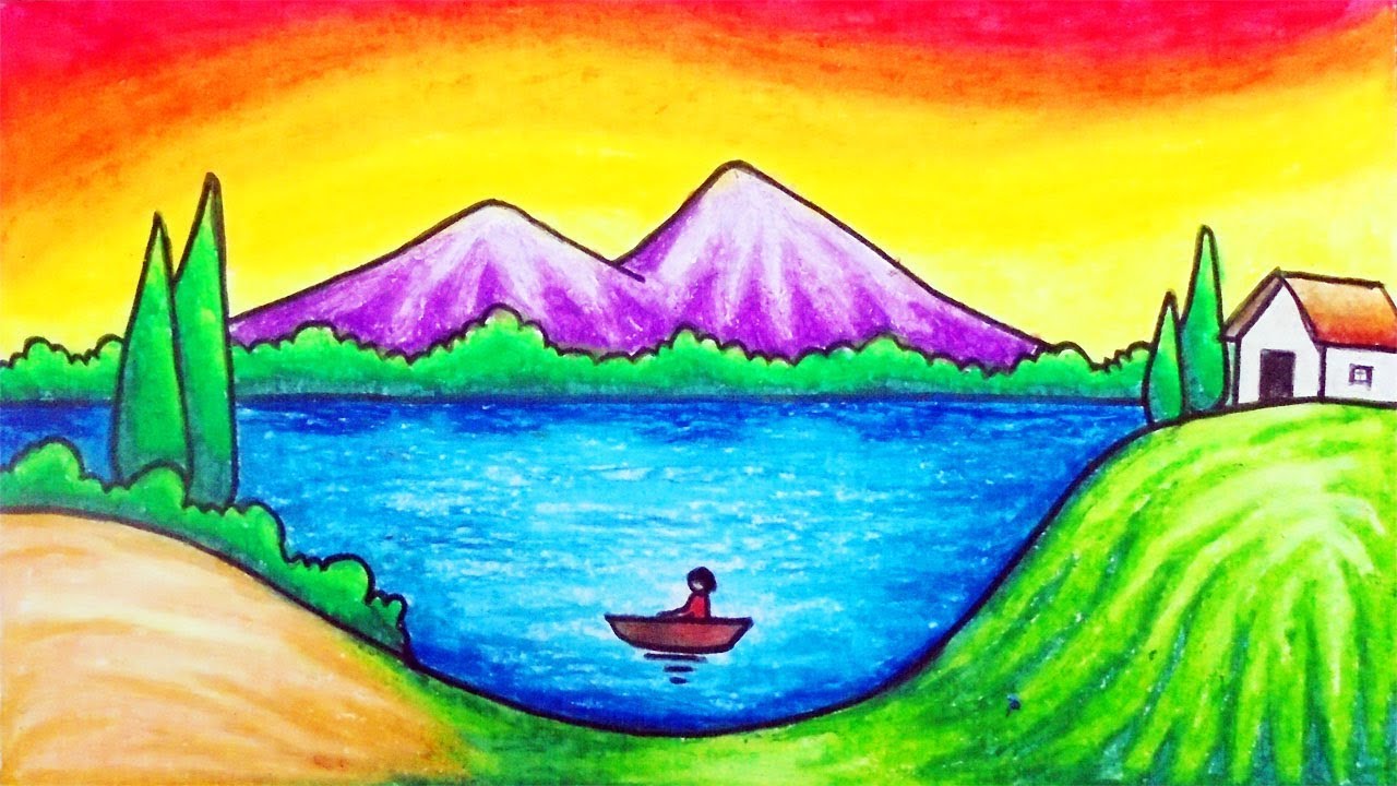 How to Draw Easy Scenery | Drawing A Simple Lake Scenery Step by Step with Oil Pastels