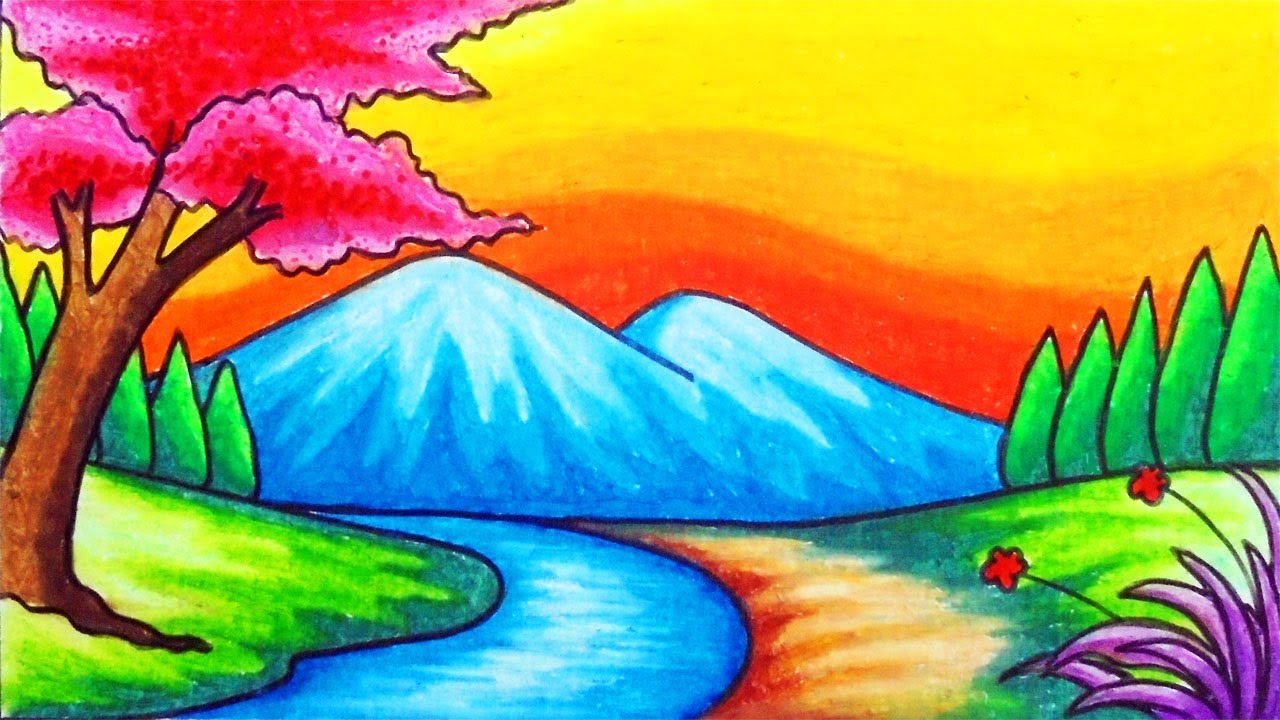 How to Draw Easy Scenery | Drawing Beautiful River Scenery with Sunset Step by Step with Oil Pastels