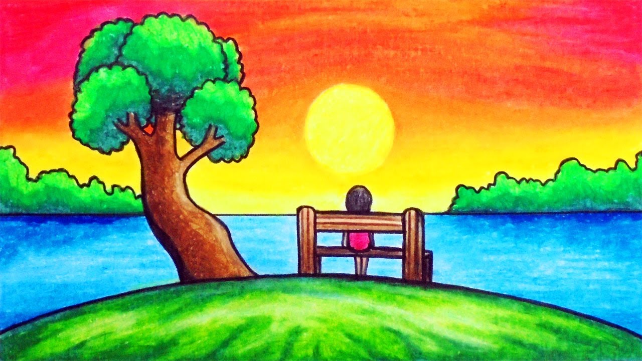 How to Draw Easy Scenery | Drawing Beautiful Sunset Scenery Step by Step with Oil Pastels