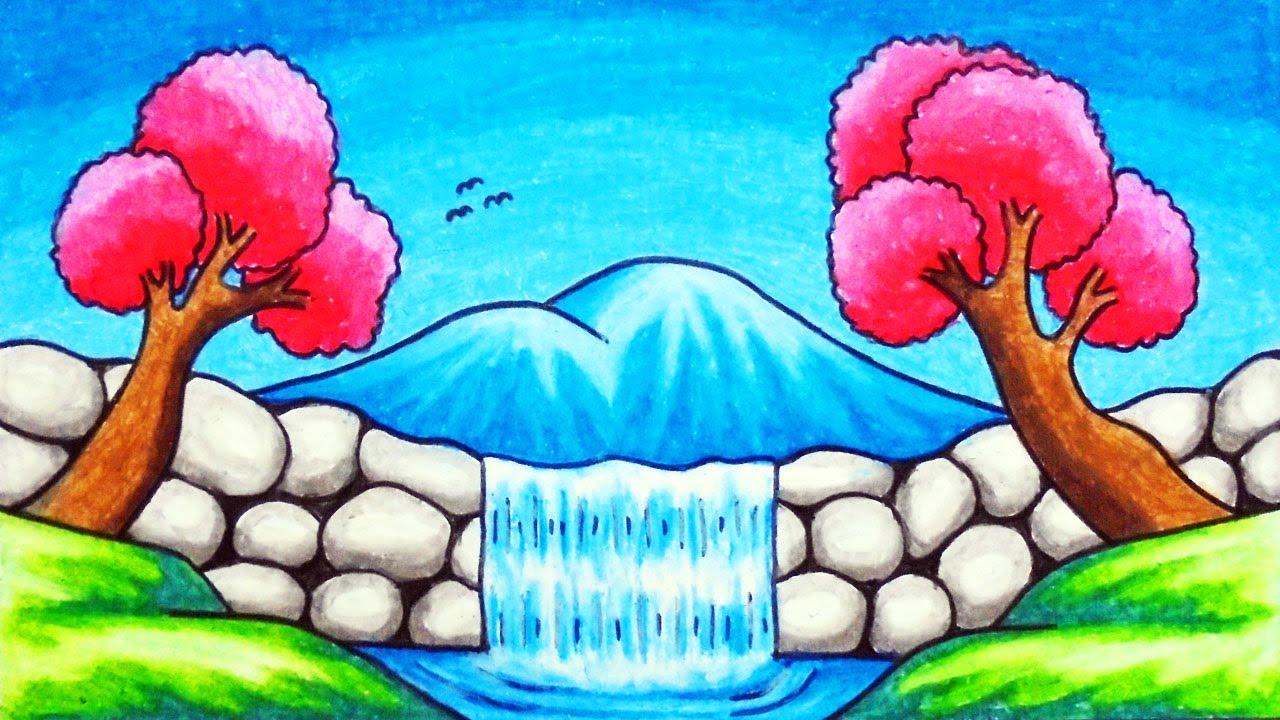 How to Draw Easy Scenery | Drawing Mountain Waterfall Scenery Step by Step with Oil Pastels
