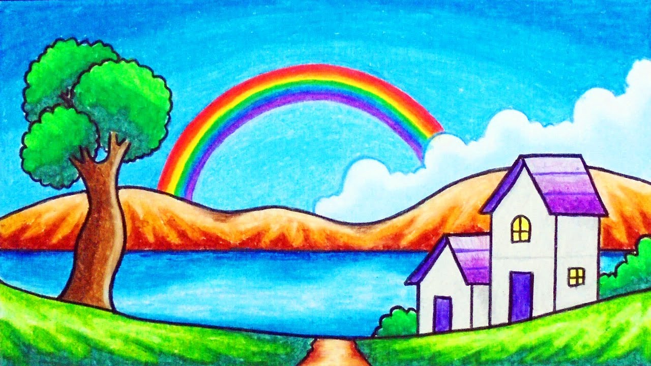 How to Draw Easy Scenery | Drawing Rainbow in the Village Scenery Step by Step with Oil Pastels