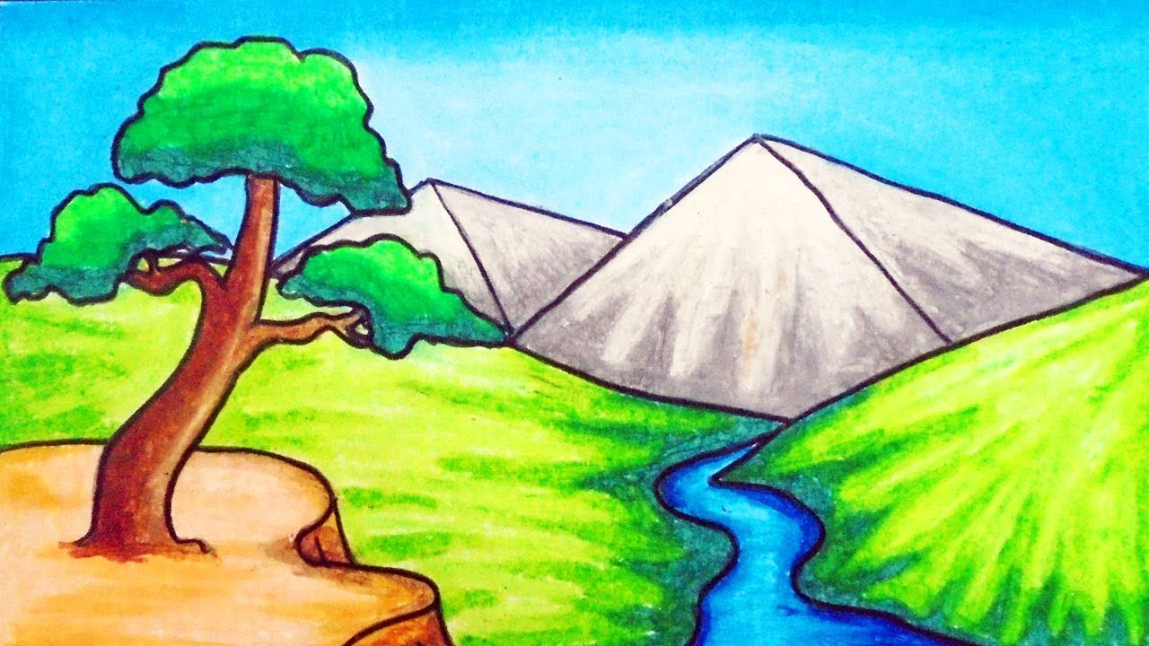 How to Draw Easy Scenery | Drawing River and Mountain Scenery Step by Step with Oil Pastels