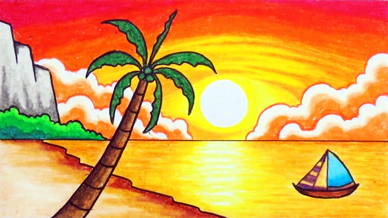 How to Draw Easy Scenery | Drawing Sea Beach Sunset Scenery Step by Step with Oil Pastels