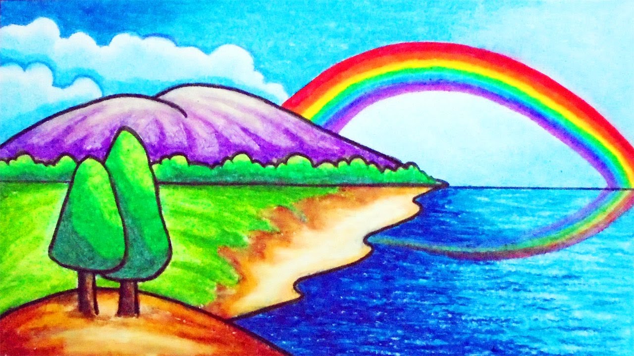 How to Draw Easy Scenery | Drawing Simple Rainbow Scenery Step by Step with Oil Pastels