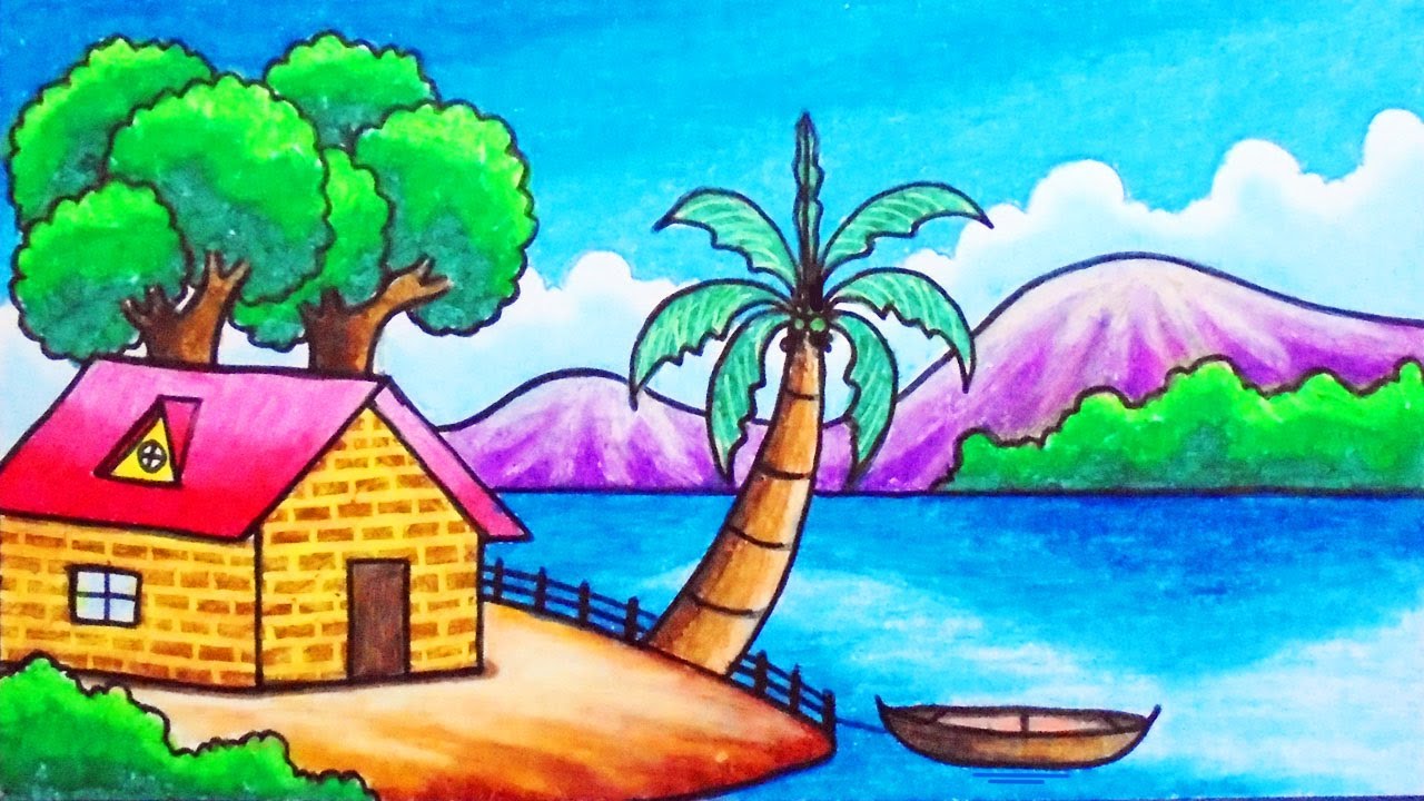 How to Draw Easy Scenery | Drawing Simple Sea Beach House Scenery Step by Step with Oil Pastels