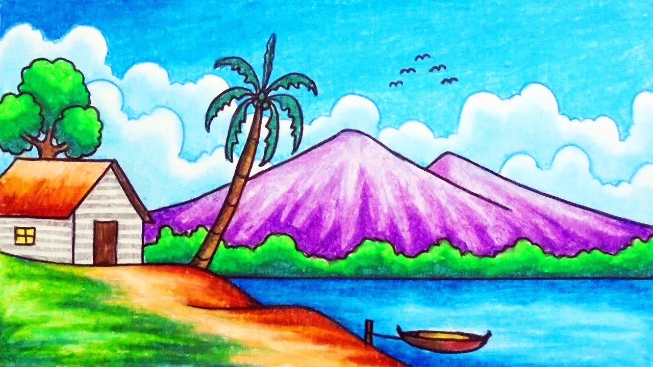 How to Draw Easy Scenery | Drawing Simple Seaside House Scenery Step by Step with Oil Pastels