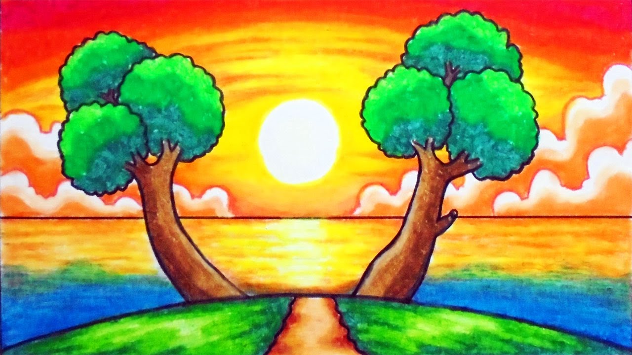 How to Draw Easy Scenery | Drawing Sunset Over the Sea Scenery Step by Step with Oil Pastels