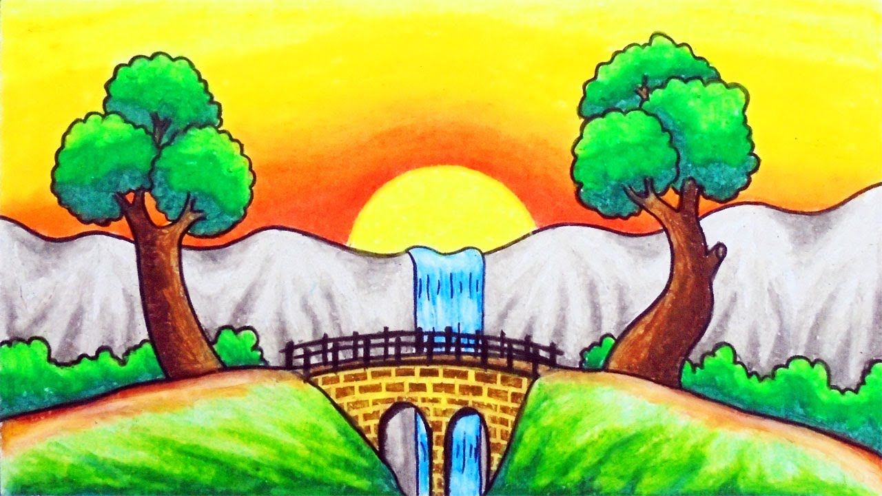 How to Draw Easy Scenery | Drawing Sunset Waterfall Scenery Step by Step with Oil Pastels