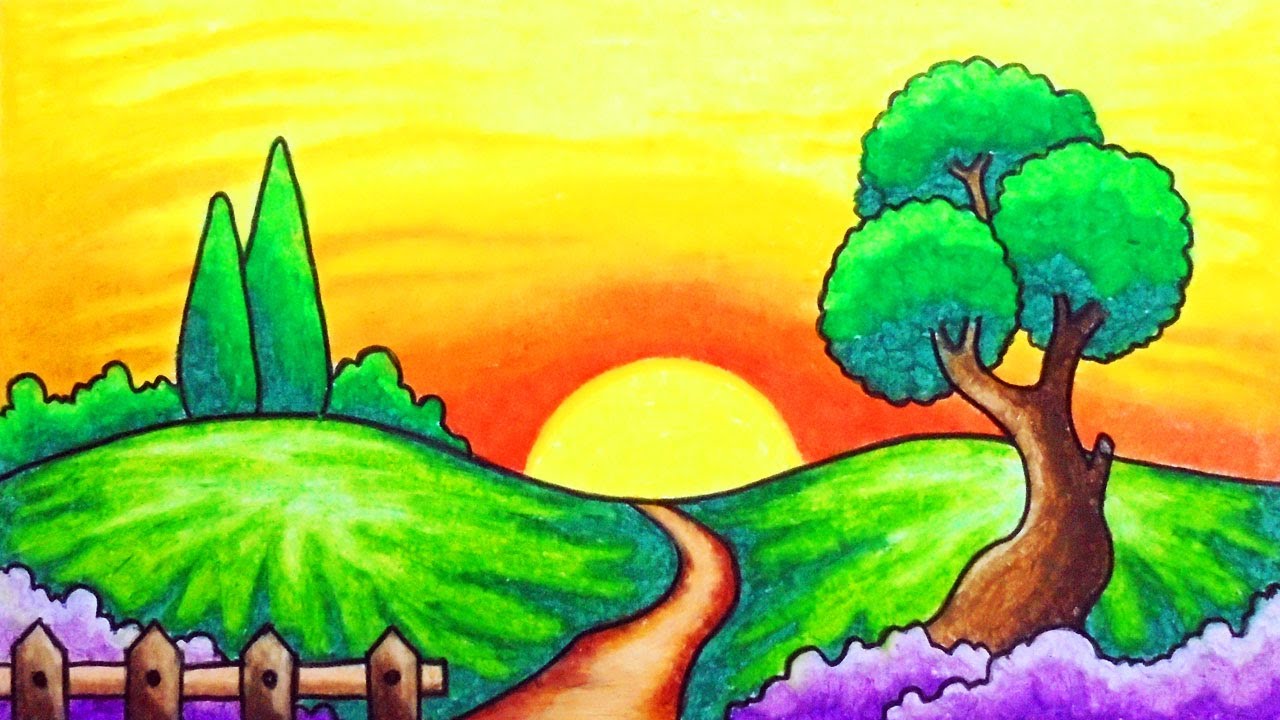 How to Draw Easy Scenery | Drawing Sunset on Hill Scenery Step by Step with Oil Pastels