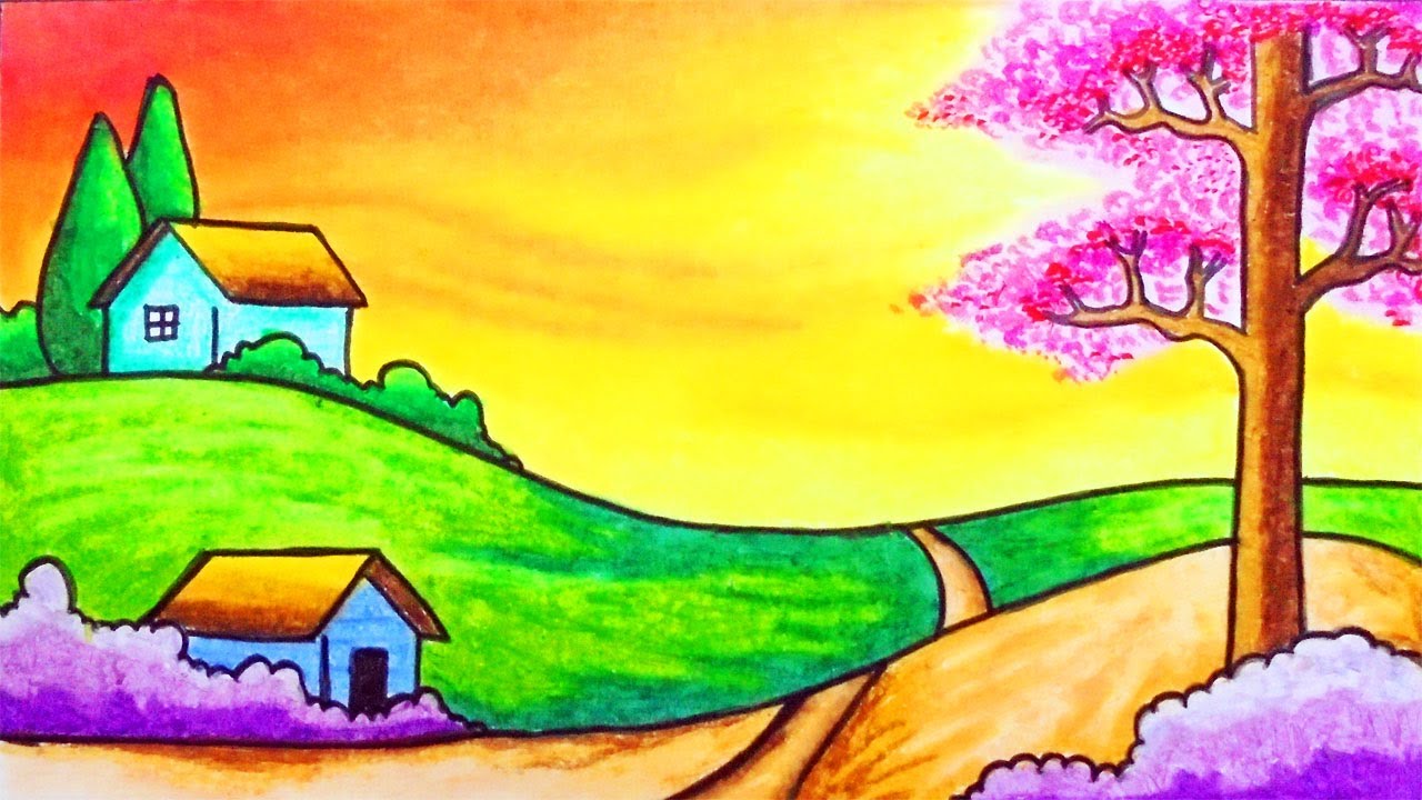 How to Draw Easy Scenery | Drawing Village in the Sunset Scenery Step by Step with Oil Pastels