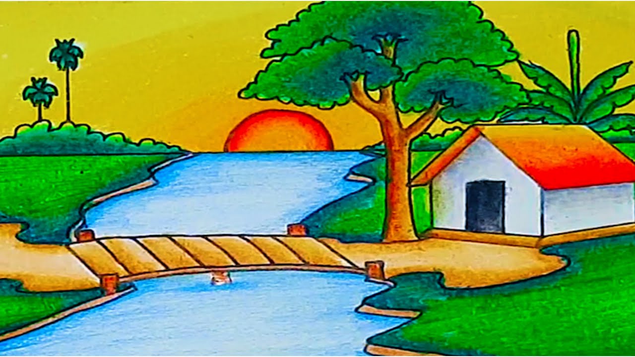 How to Draw Easy Scenery Drawing Waterfall at Sunset Scenery Step by Step with Oil Pastels