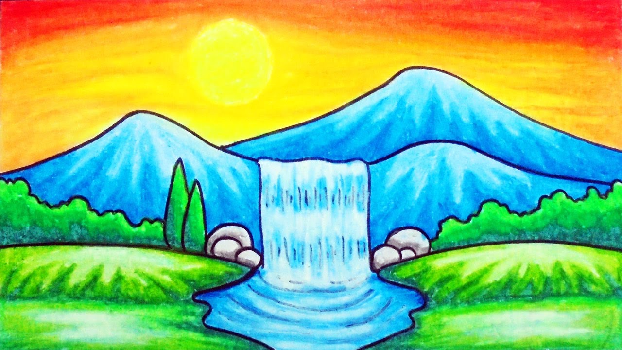 How to Draw Easy Scenery | Drawing Waterfall at Sunset Scenery Step by Step with Oil Pastels