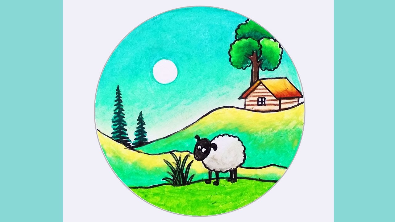 How to Draw Easy Scenery | Drawing a Sheep in the Farm Scenery