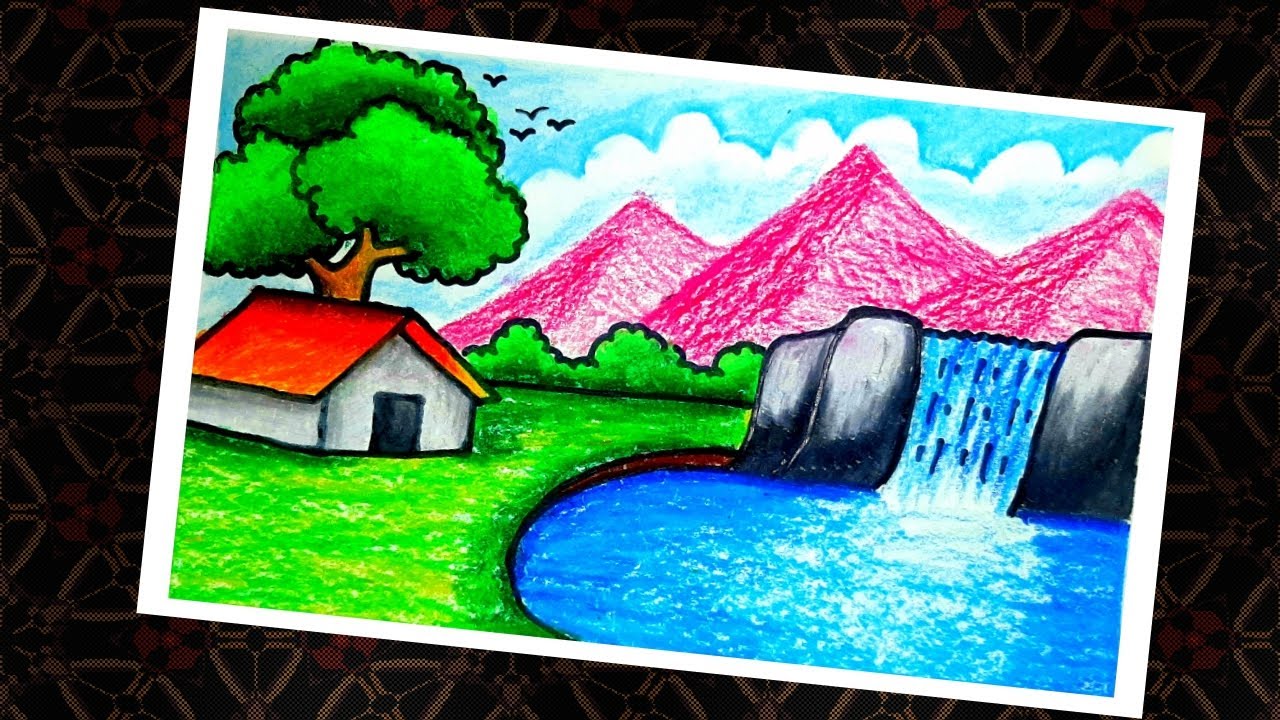 How to Draw Easy Scenery || Waterfall Fountain scenery Drawing with oil pastel || Scenery drawing