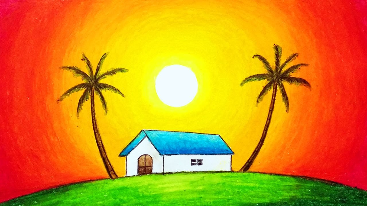 How to Draw Easy Scenery of Beautiful Sunset | Simple Nature Scenery Drawing